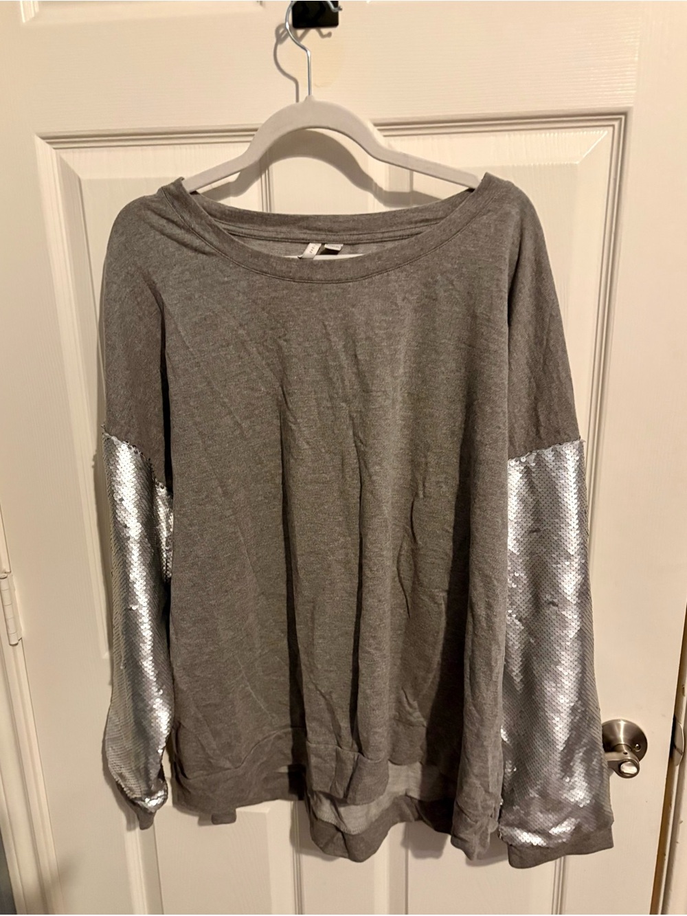 148- Cato Gray Sweatshirt with Silver Sequin Sleeve Panels